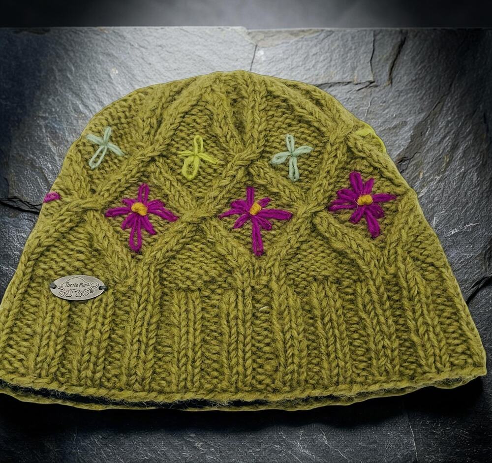 Turtle Fur Beanie Hat Green Pink Embroidered 100% Wool Handmade Nepal Winter Cap